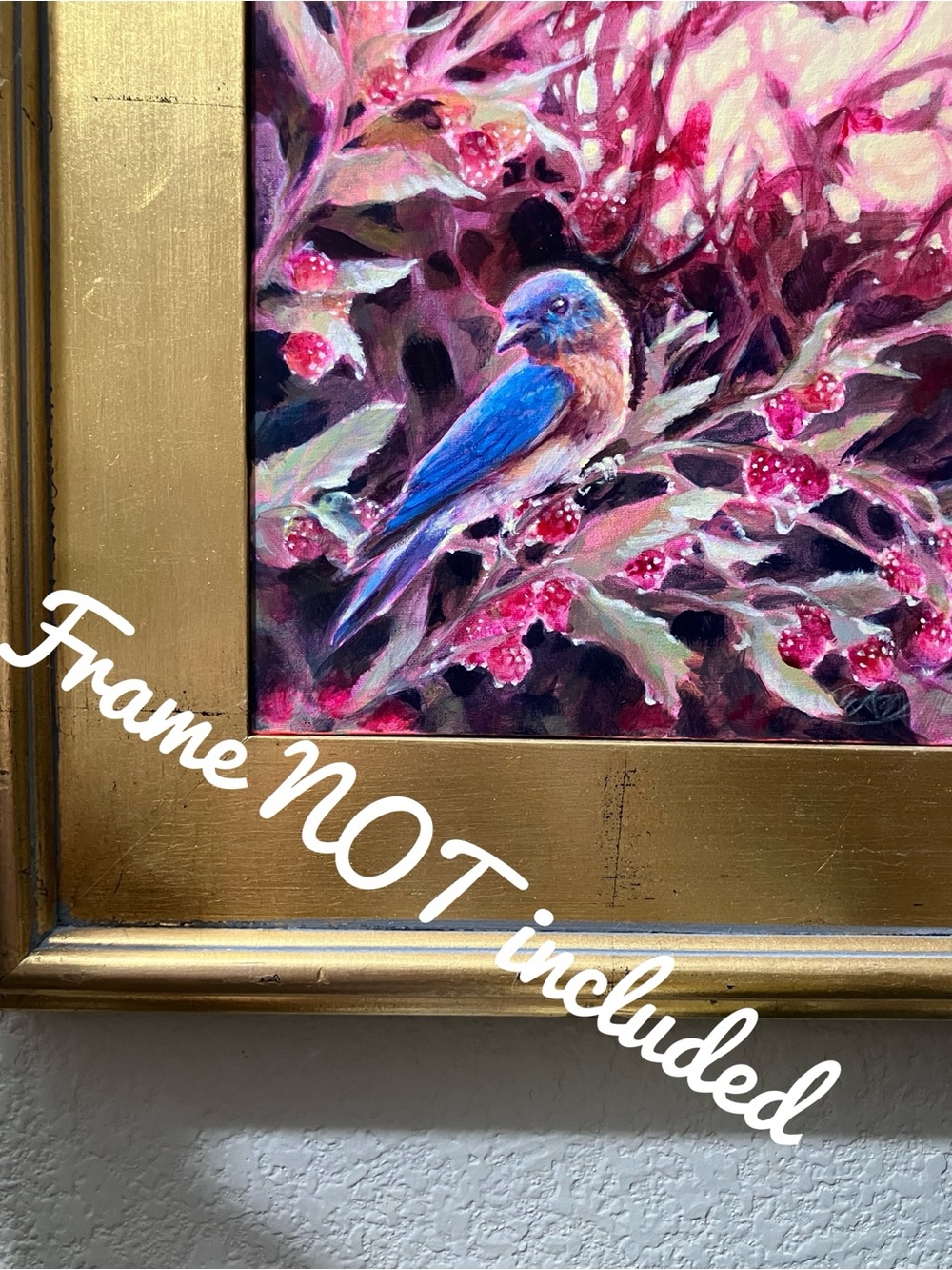 ORIGINAL blue bird raspberry painting robin fruit art nature still life artwork